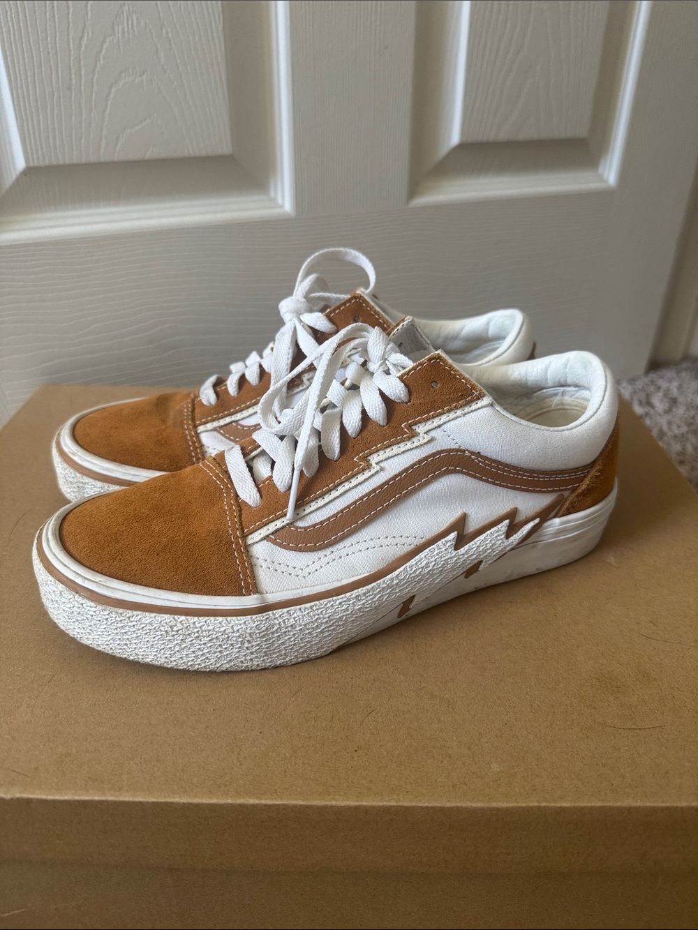 Vans Tan and White Lightning Skate Sneakers